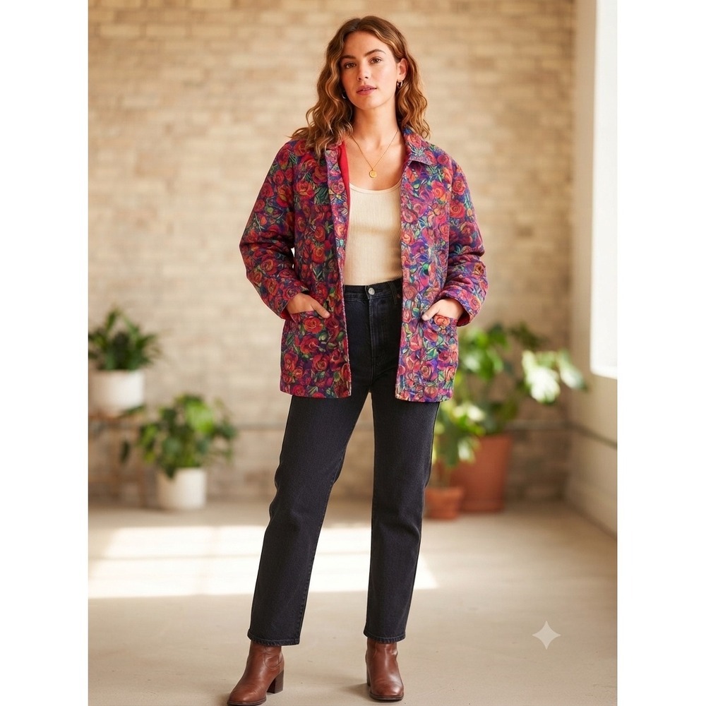Ruff Hewn Vintage Floral Rose Chore Coat Jacket Red Purple Cotton Womens Medium